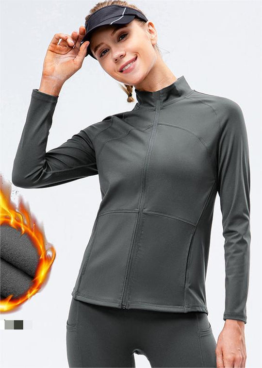 Autumn Winter Fleece-Lined Nylon Yoga Clothes Fitness Jacket Women Zipper Stretch Fitness Running Sport Long Sleeve