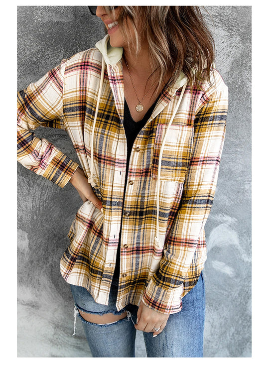 Autumn Winter Women Clothing Hooded Single-Breasted Plaid Women Shacket Jacket