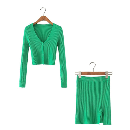 Women Solid Color V neck Short Knitted Cardigan High Waist Mini Skirt Casual Suit