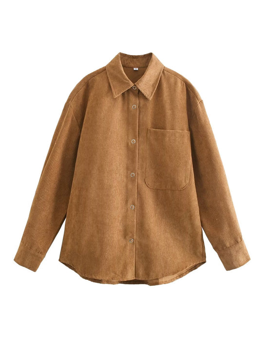Casual Brown Corduroy Shirt Simple Collared Mid Length Coat Early Autumn Net Pocket Women Top