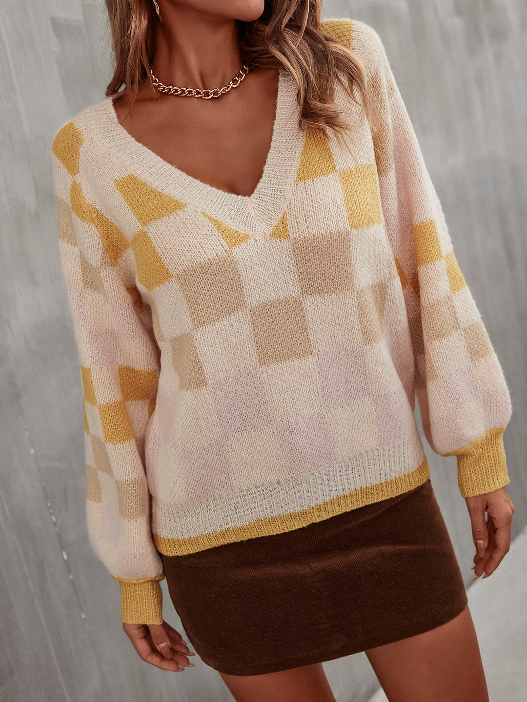 Early Autumn Women V neck Plaid Contrast Color Knitwear Pullover Sweater
