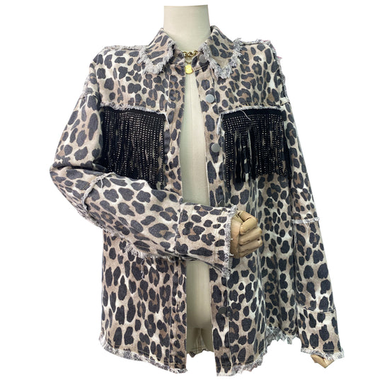 Popular Leopard Print Denim Jacket Fall Winter Trend Washed Distressed Tassel Denim Jacket