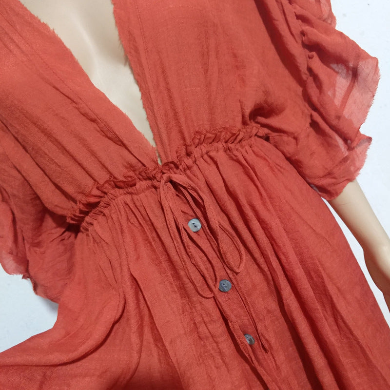 Spot Beach Cover-up Slubbed Fabric Button Draw Waist Strap Maxi Dress Sun Protection Shirt