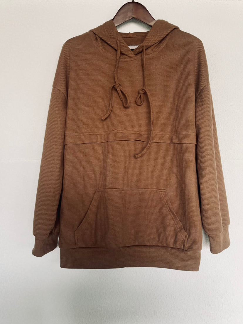 Ladies Loose Waffle Cotton Loose Kangaroo Pocket Hooded