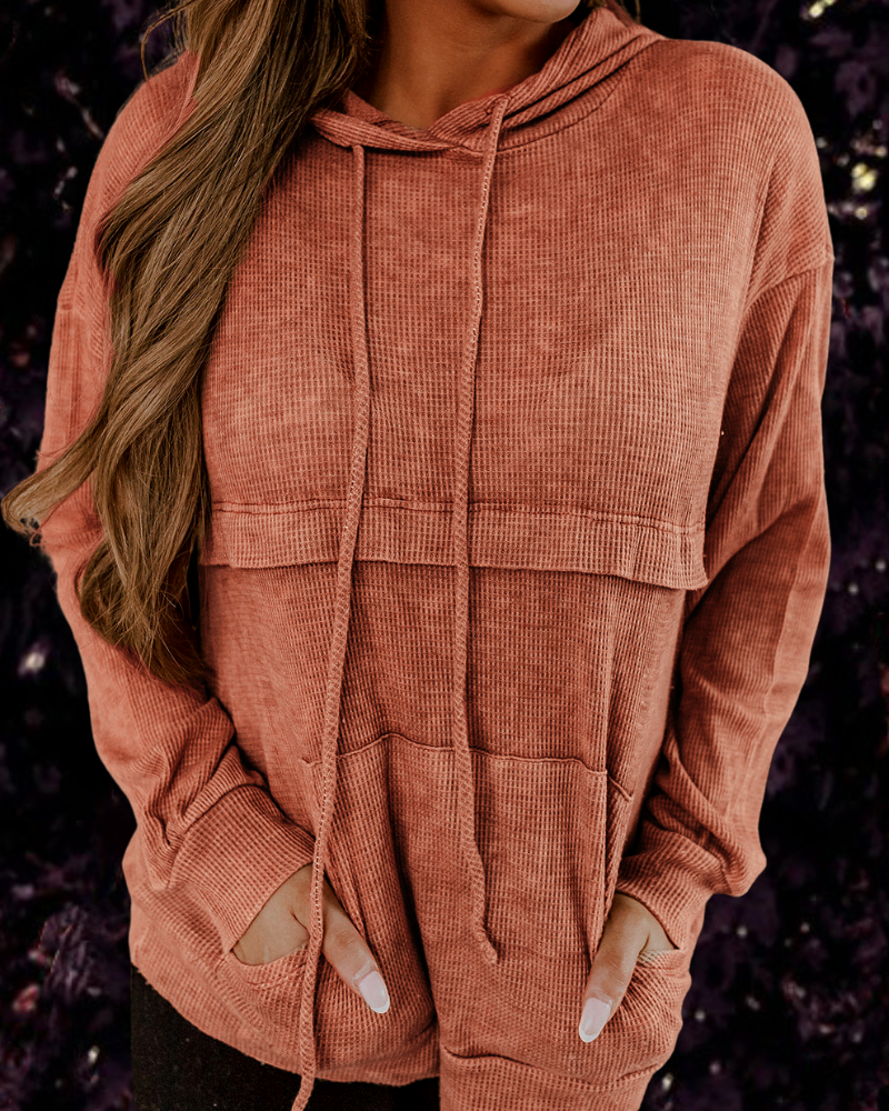 Ladies Loose Waffle Cotton Loose Kangaroo Pocket Hooded