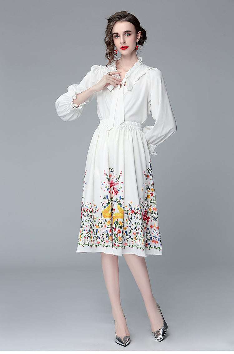 Women Spring Fall Printed Long Sleeve Two Piece Set Dress