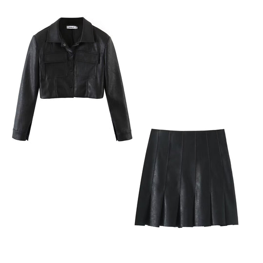 Autumn Short Faux Leather Shirt High Waist Pleated Skirt Set