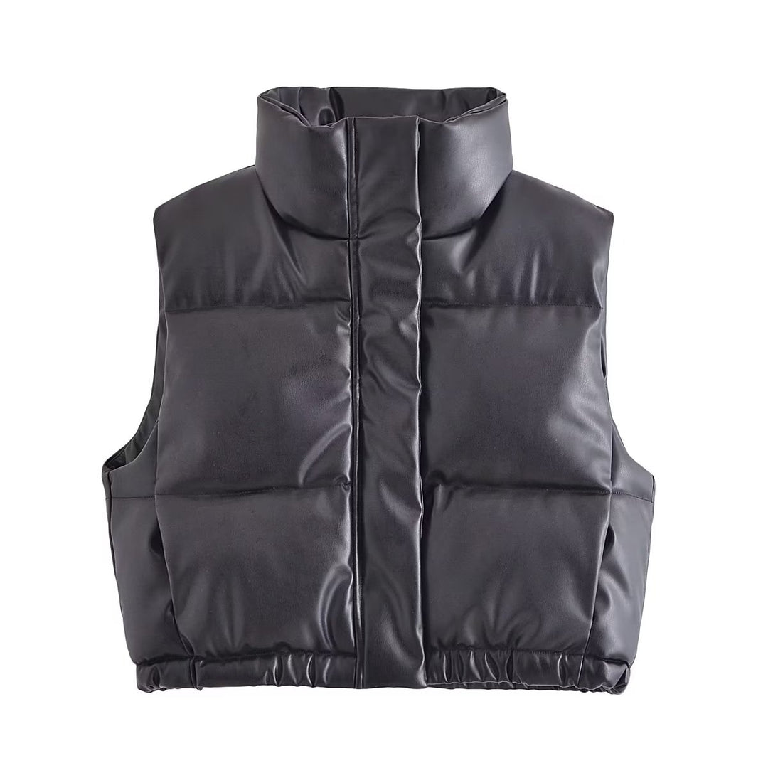 Stand Collar Faux Leather Short Cotton Jacket Vest Autumn Winter Casual Women  Quilted Slim Fit Cotton Vest