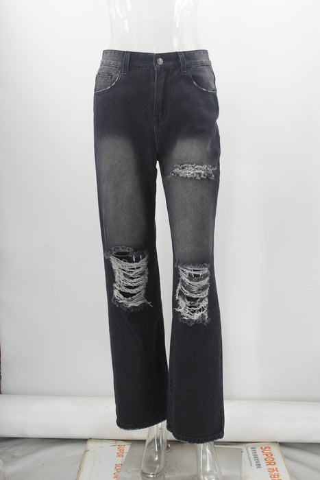 Autumn Street Hipster Water Washed Hole Straight Leg Pants Women Jeans