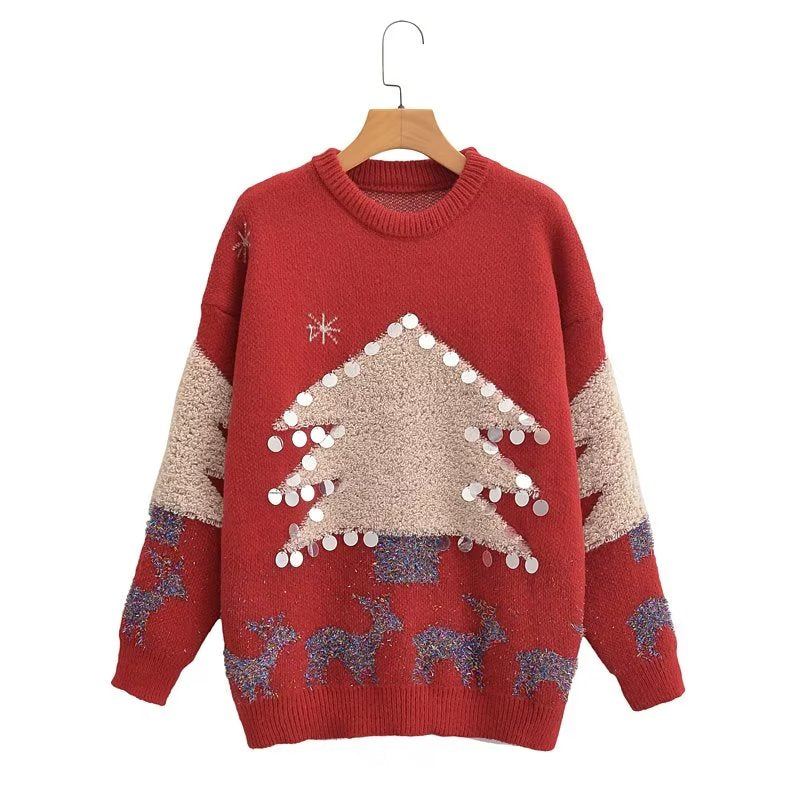 Autumn Winter Sweater Christmas Snowflake Long Sleeve Bottoming round Neck Knitted Sweater Pullover Sweater