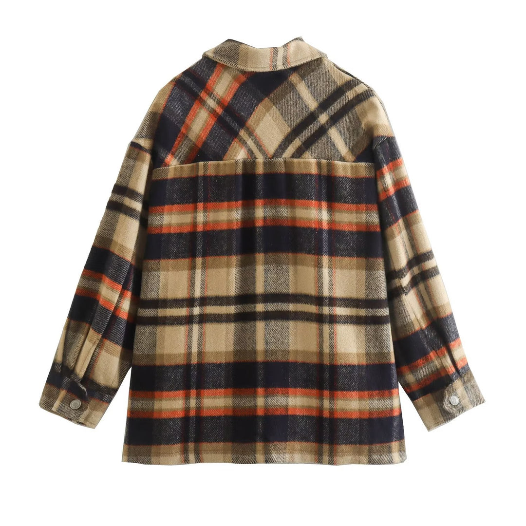 Retro Brushed Thickened Plaid Long Sleeved Shirt Women Autumn BF Idle Baggy Coat Mid Length Casual Top