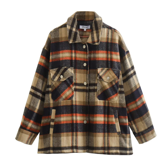 Retro Brushed Thickened Plaid Long Sleeved Shirt Women Autumn BF Idle Baggy Coat Mid Length Casual Top