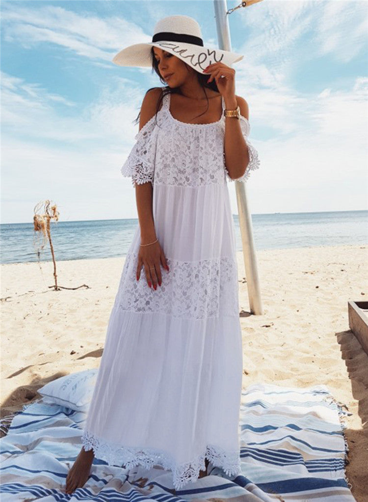 Rayon Stitching Lace Embroidery Beach Cover up Sexy Sling Dress Seaside Bikini Cover