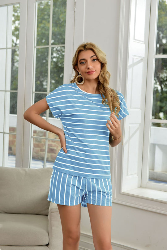 Striped Printed Short Sleeve Home Round Neck T shirt Personalized Homewear Casual Suit