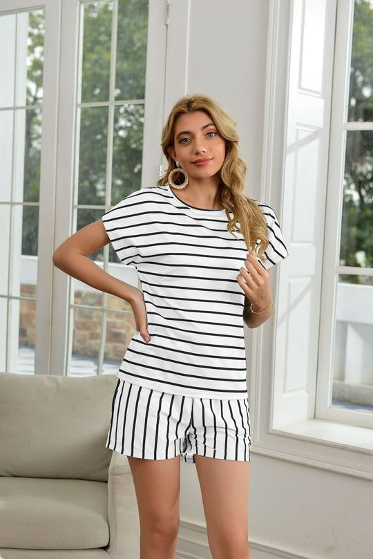 Striped Printed Short Sleeve Home Round Neck T shirt Personalized Homewear Casual Suit