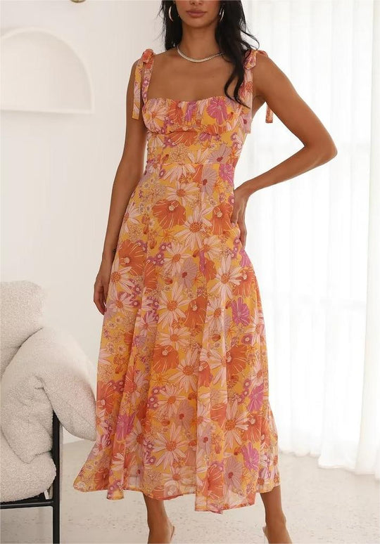 Korean Slim Fit V neck Chest Lace-up Hollow Out Cutout Orange Floral Tied Lotus Leaf Cami Dress