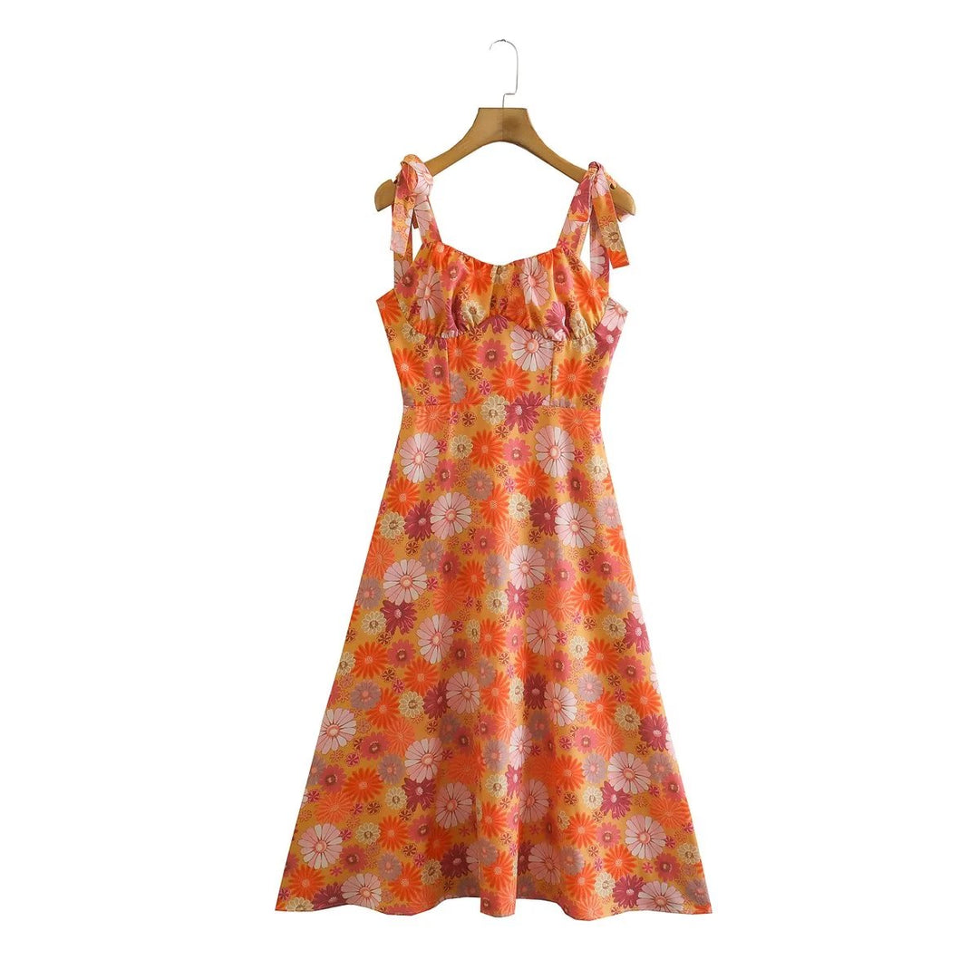 Korean Slim Fit V neck Chest Lace-up Hollow Out Cutout Orange Floral Tied Lotus Leaf Cami Dress