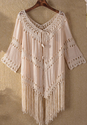 Women Clothing Hand Crocheting Stitching Tassel Lace up Solid Color Hollow Out Overclothes Sunscreen Beach Cover Up