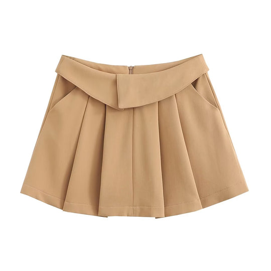 Four Color Turned Waist Wide Pleated Skirt Preppy Skirt