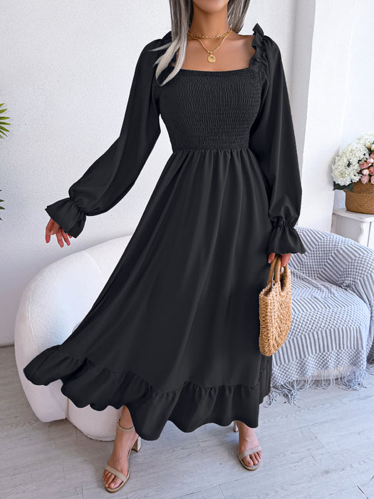 Spring Summer Casual Square Collar Flare Large Swing Ruffled Maxi Dress Women Clothing