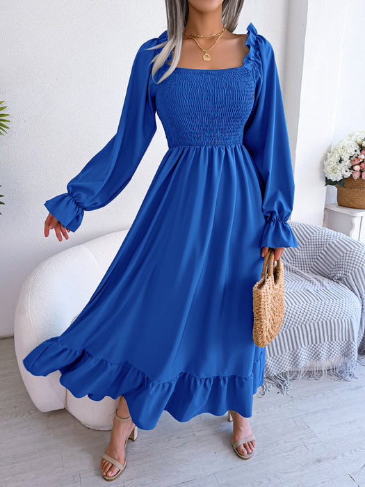 Spring Summer Casual Square Collar Flare Large Swing Ruffled Maxi Dress Women Clothing