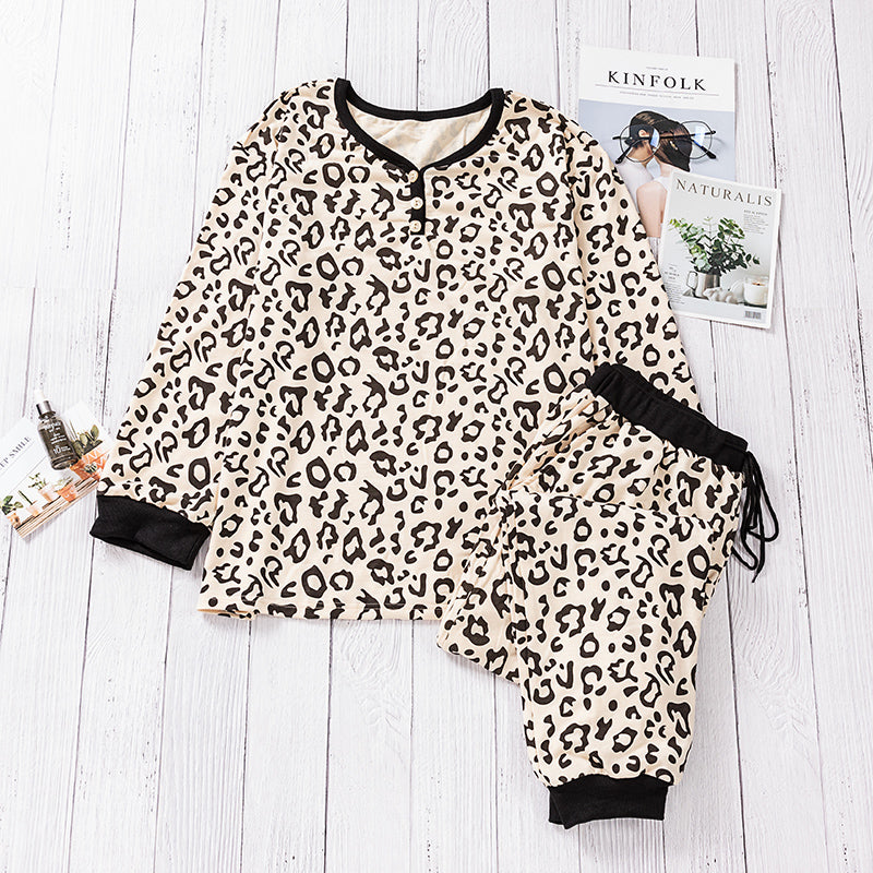 Plus Size Homewear Suit Spring Autumn Leopard Print Long Sleeve round Neck Pullover Loose Pajamas Women