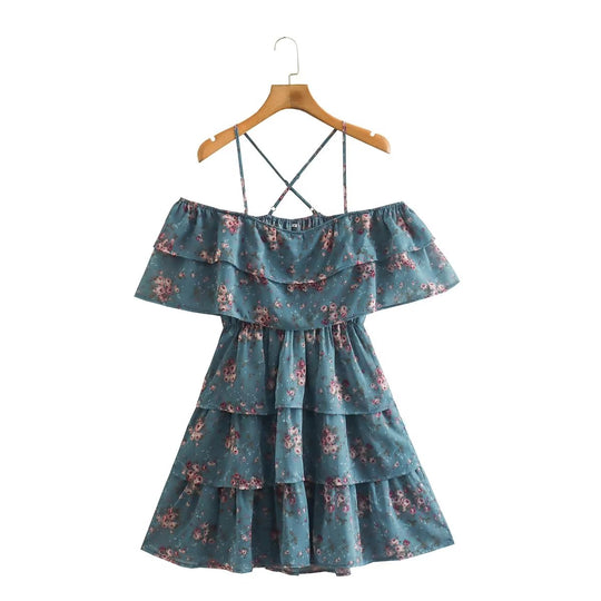 Women One Line Shoulder Printed Holiday Style Cake Suspender Dress