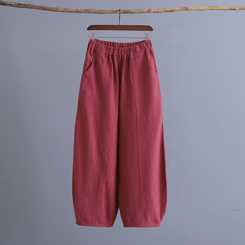 Spring Summer Cotton Linen Women Clothing Retro Loose Plus Size Solid Color Stitching Ramie Yoga Pants Women