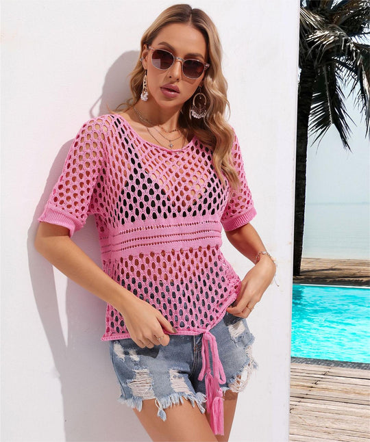 Summer Stitching Hollow Out Cutout Bikini Beach Dress Knitted Blouse