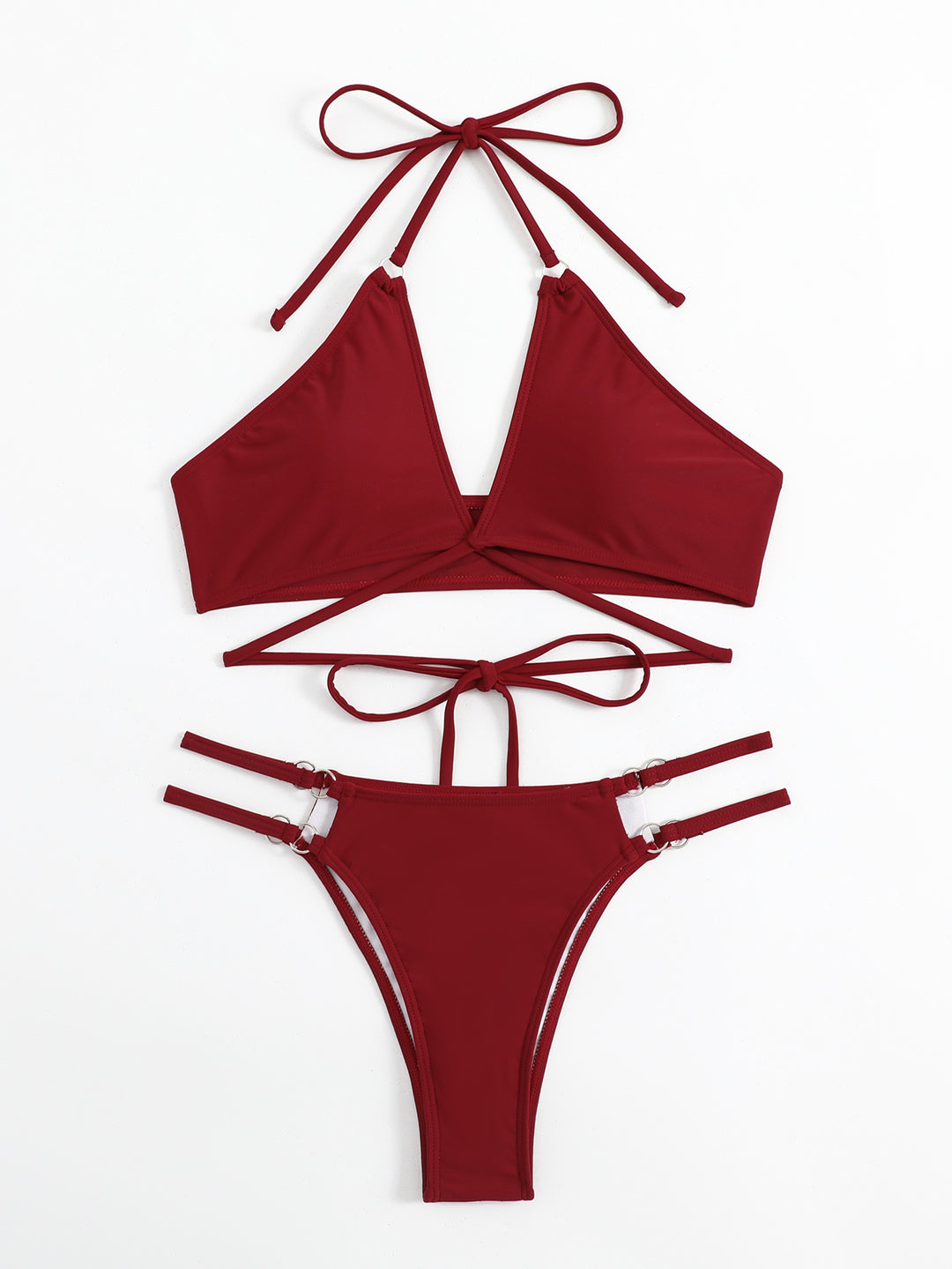 Solid Color Split Swimsuit Foreign Single Women's Swimsuit Criss Cross Strap Wine Red Split Bikini