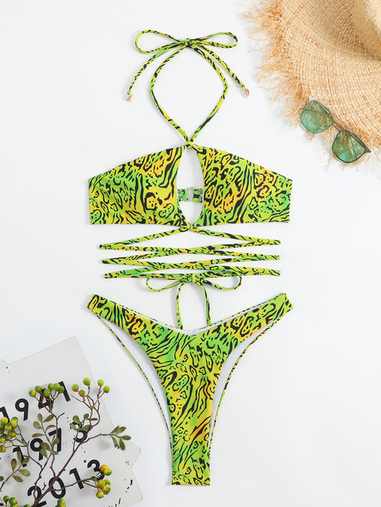 Printed Split Swimsuit Foreign Single Women's Swimsuit Criss Cross Strap Printing Split Bikini