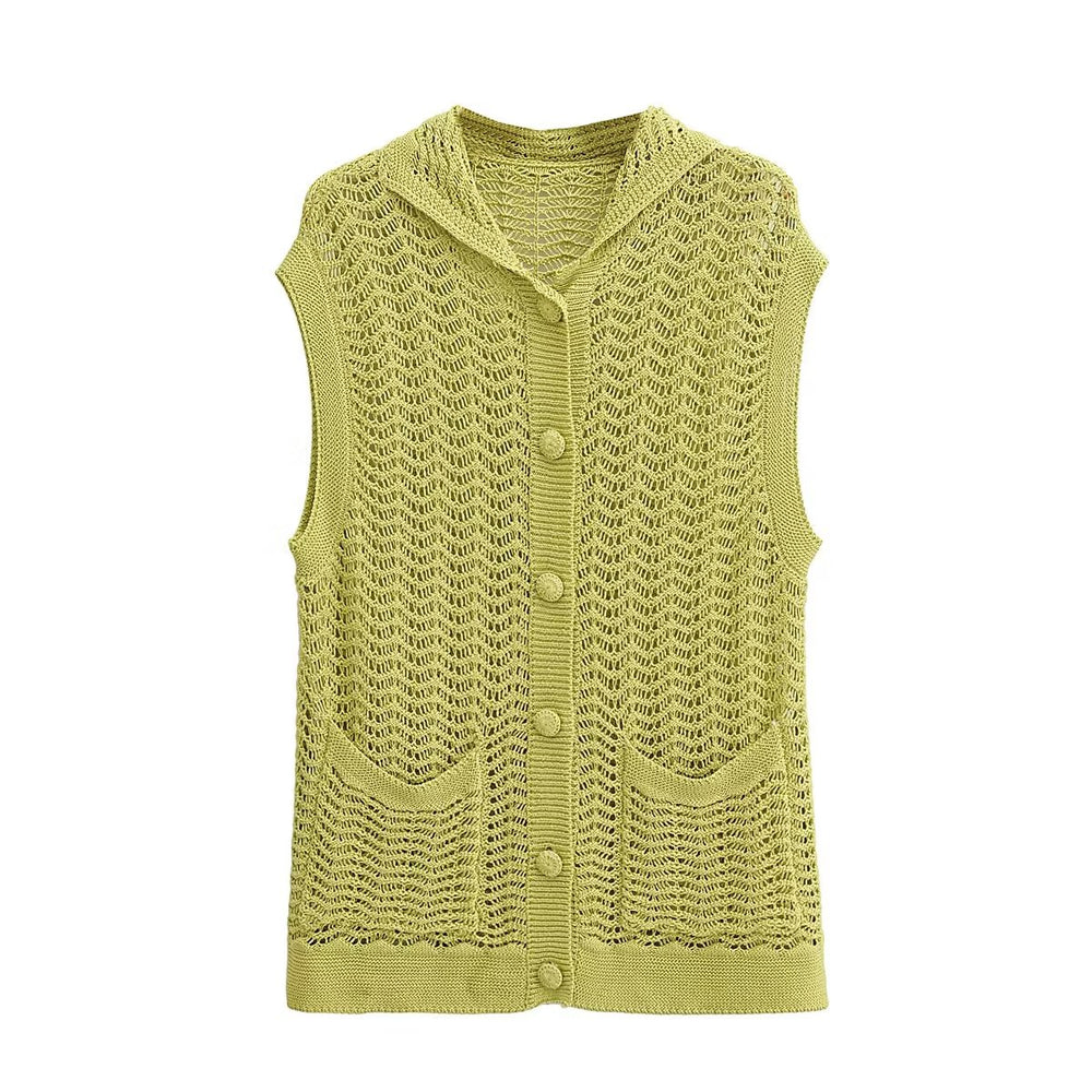 Women  Clothing Summer Lapels Pocket Texture Loose Knitted Cardigan Vest for Women