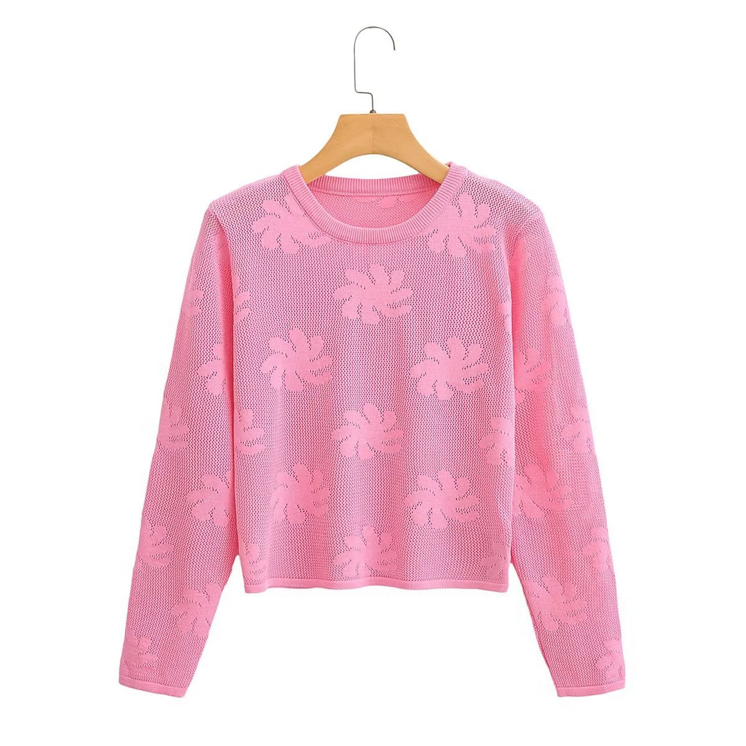 Fall Casual round Neck Pullover Long Sleeve Translucent Floral Print Knitwear
