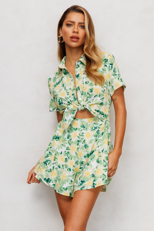 Women Summer Vacation Floral Short Sleeve Tie Rompers