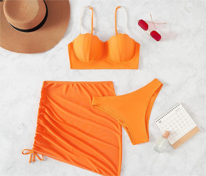 Swimsuit Women Three Piece Set Solid Color Summer Sun Protection Bikini