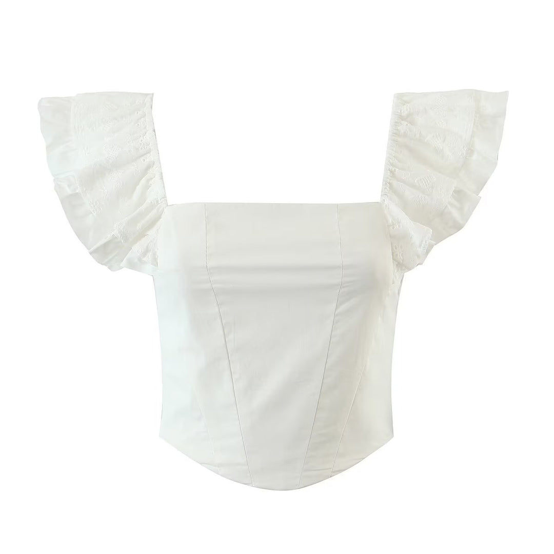 Sexy Square Collar Flying Sleeves Short Pullover Vest Women Slim Hem Irregular Asymmetric Western Top