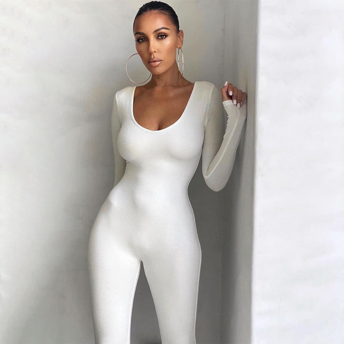 Women Clothing Solid Color Tight Long Sleeve Jumpsuit Women