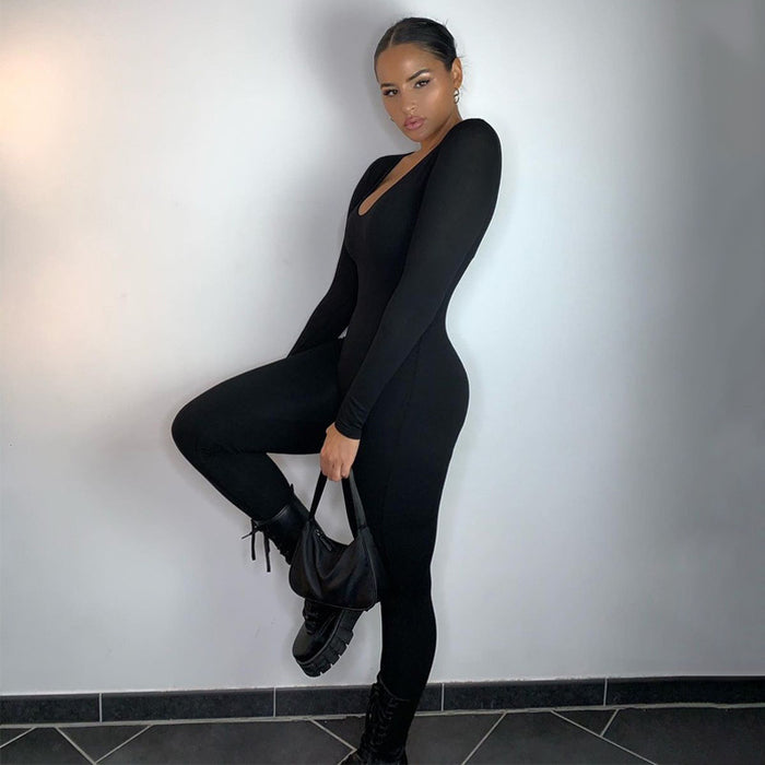 Women Clothing Solid Color Tight Long Sleeve Jumpsuit Women