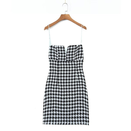 Fall Women Clothing Houndstooth Knitted All Matching V neck Strap Dress