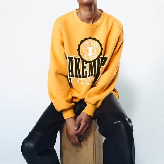 Spring Women Clothing Round Collar in Yellow Printed Loose Letter Graphic Sweater Women