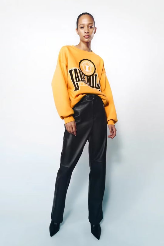 Spring Women Clothing Round Collar in Yellow Printed Loose Letter Graphic Sweater Women