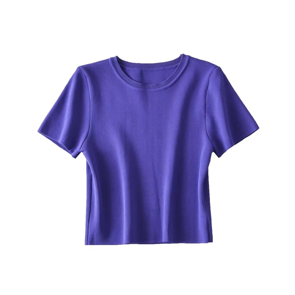 Summer Short round Neck Ice Silk Short Sleeve Women Knitted Blouse T shirt