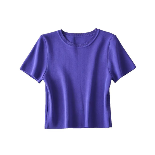 Summer Short round Neck Ice Silk Short Sleeve Women Knitted Blouse T shirt