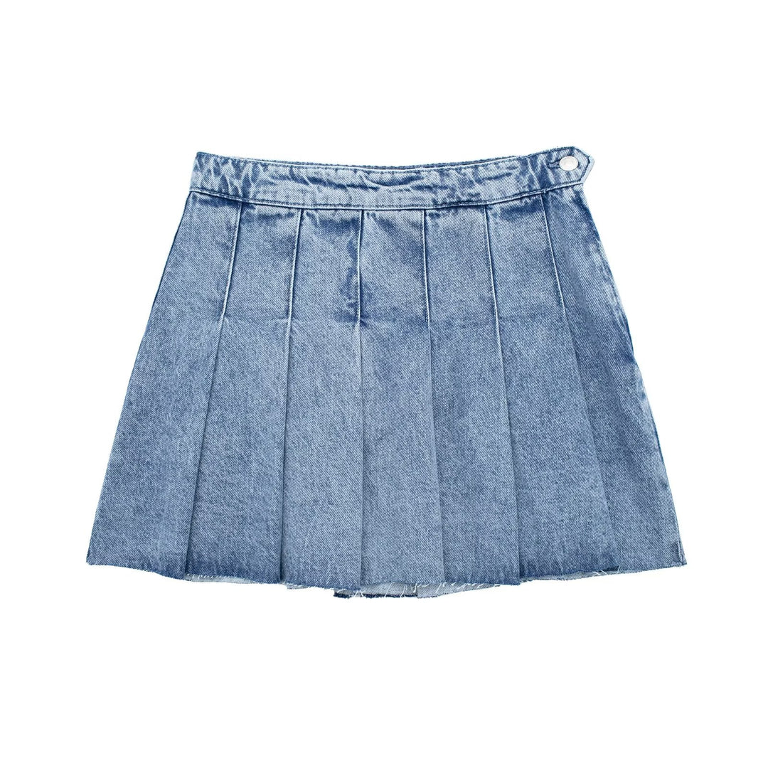 Spring Women Street Wide Pleated Denim Mini Skirt