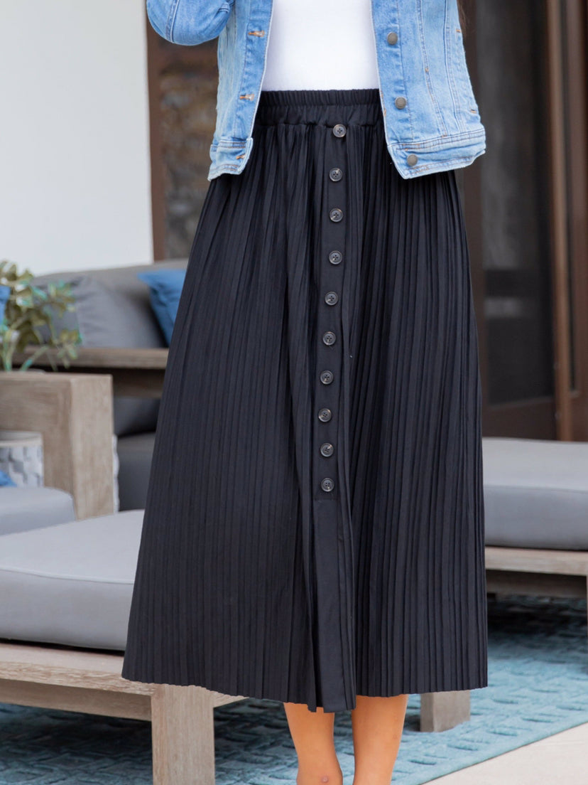 Spring Summer Elastic Waist Pleated Front Buckle Casual Package Hip Mid Skirt