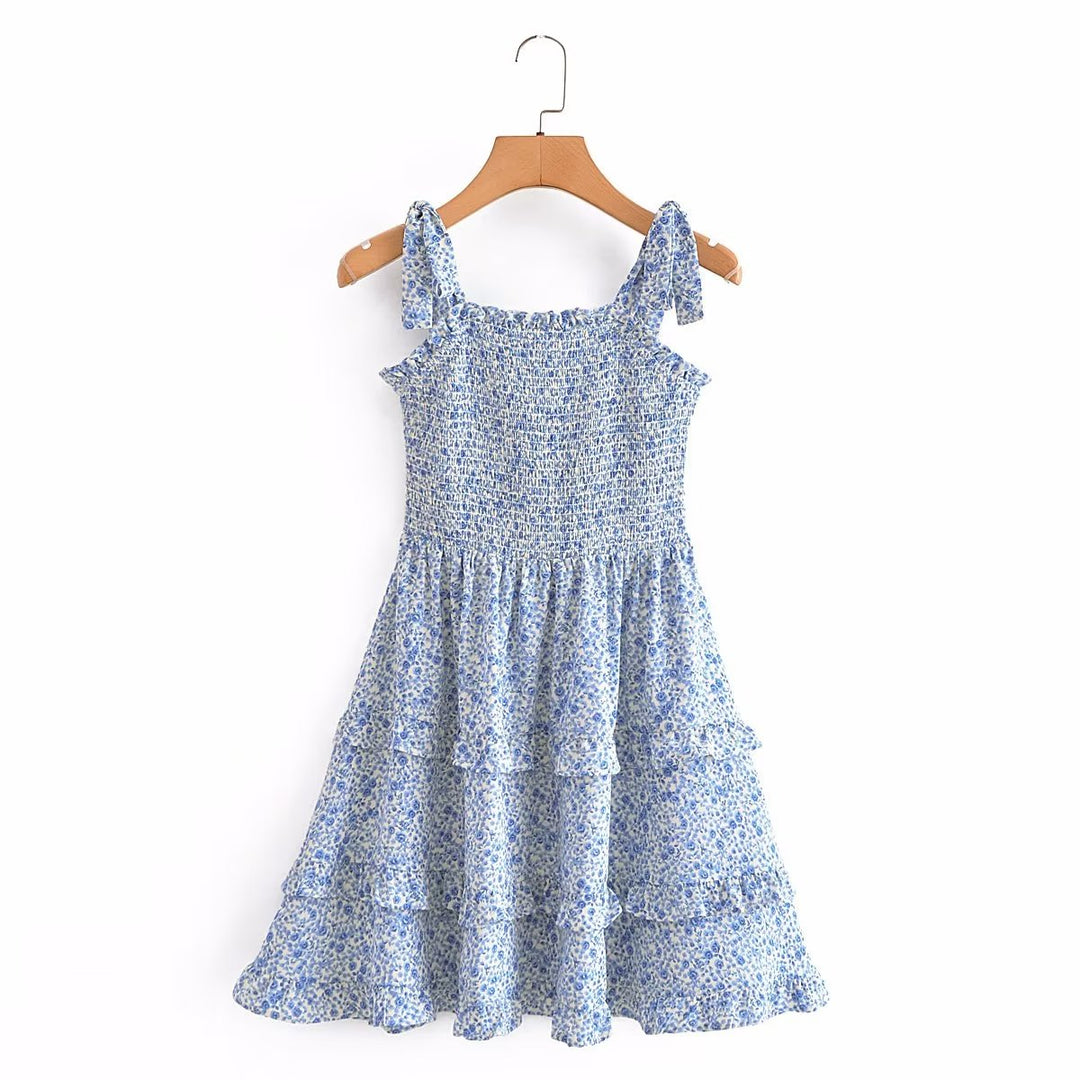 Women Blue Layered Bow Lace Printed Dress Short Dress Vest Dress