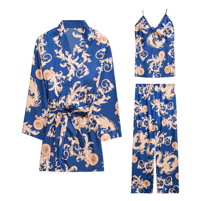 Silk Pajamas Women Spring Summer Dragon Robe Printed Silk Home Wear Three-Piece Suit satin pajamas satin sleepwear