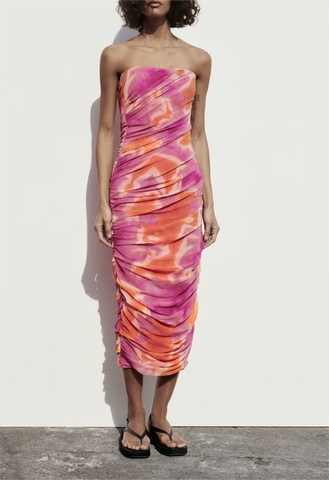 Spring Sexy Backless Slim Fit Figure Flattering Printed Silk Net Dress