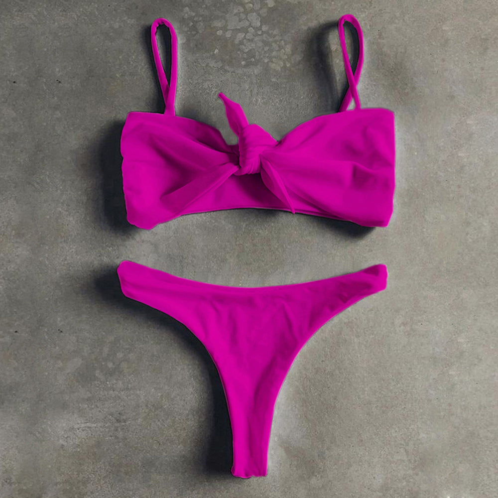 Solid Color Bikini Lace-up Bow Split Swimsuit Women Sexy Swimsuit