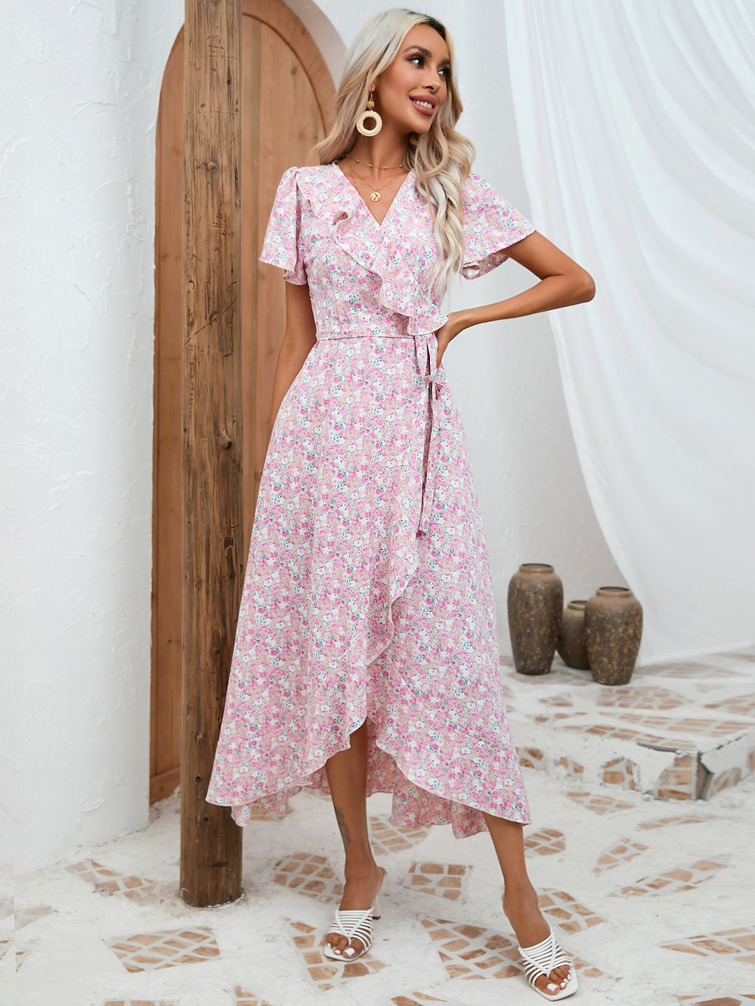 Women New Summer Bohemian Ruffled V neck Irregular Strap Dress Seaside Beach Holiday Wrap Dress